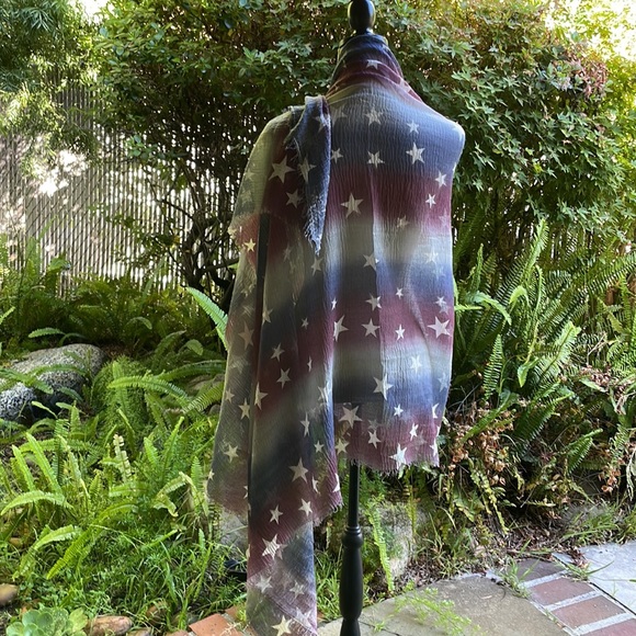 Scarf Americana Independence Day Patriotic red white blue stripes & stars fringe - Picture 5 of 8